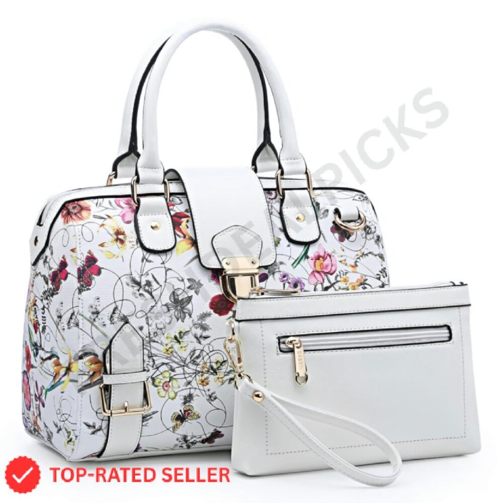 Floral Vegan Leather Satchel Tote Elegant Work Bag Adjustable Shoulder Strap